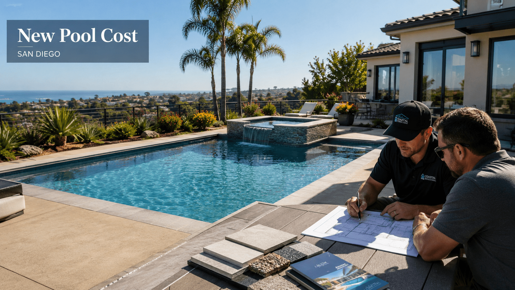 Modern pool consultation with coastal view