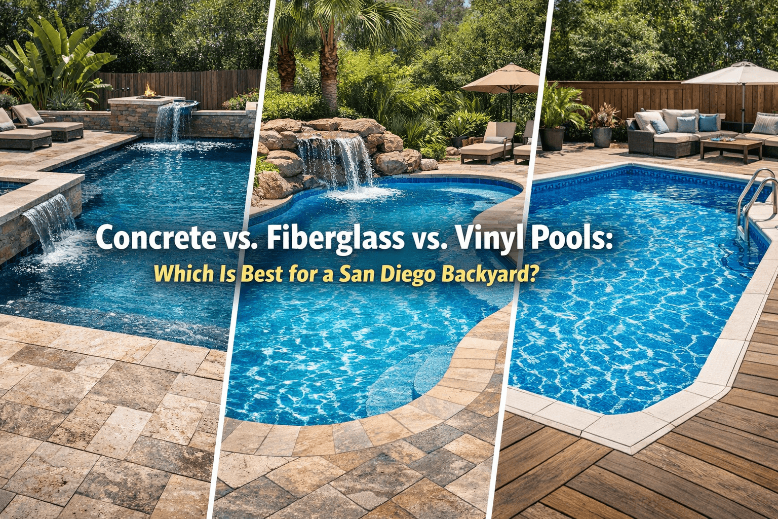 Professional illustration of Concrete vs. Fiberglass vs. Vinyl Pools: Which Is Best for a San Diego Backyard?
