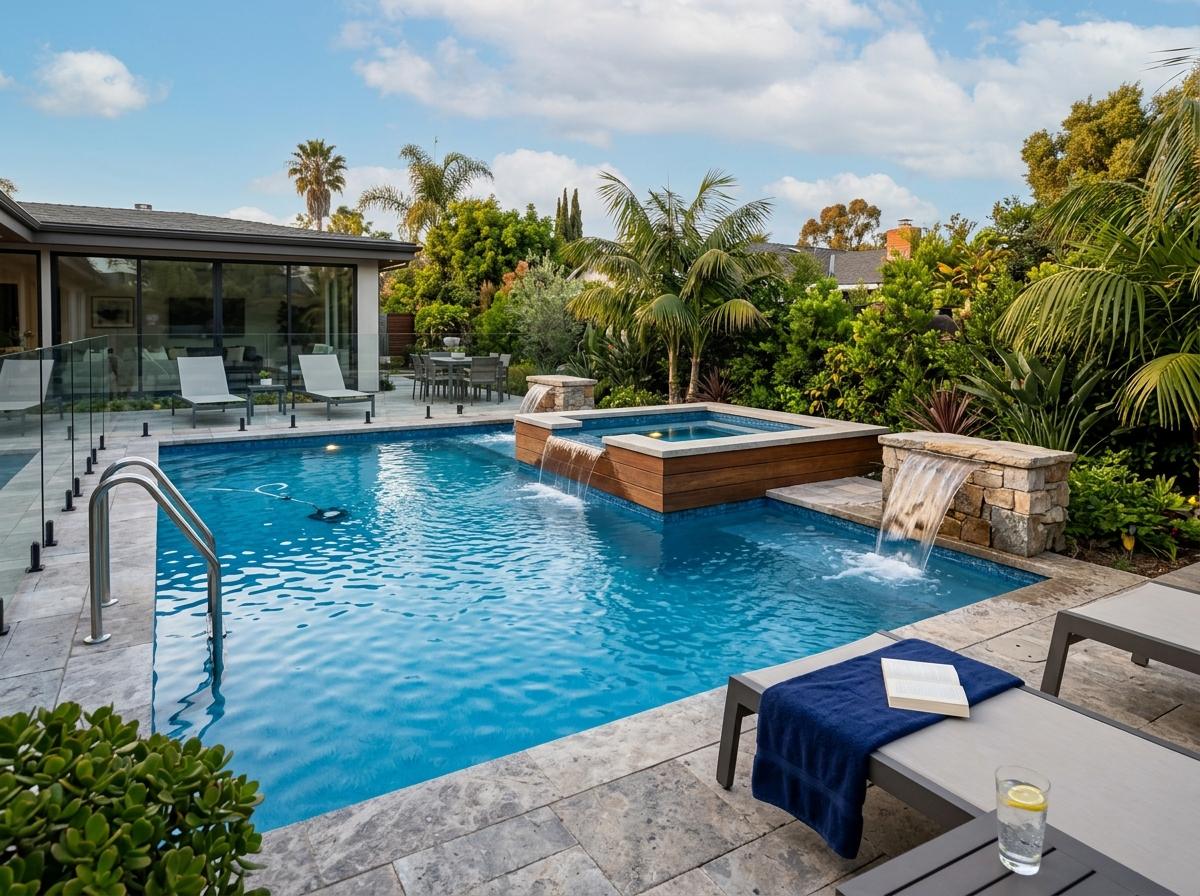 Swimming pool with LED lighting, waterfall feature, built-in spa hot tub, and automatic cover on a deck.