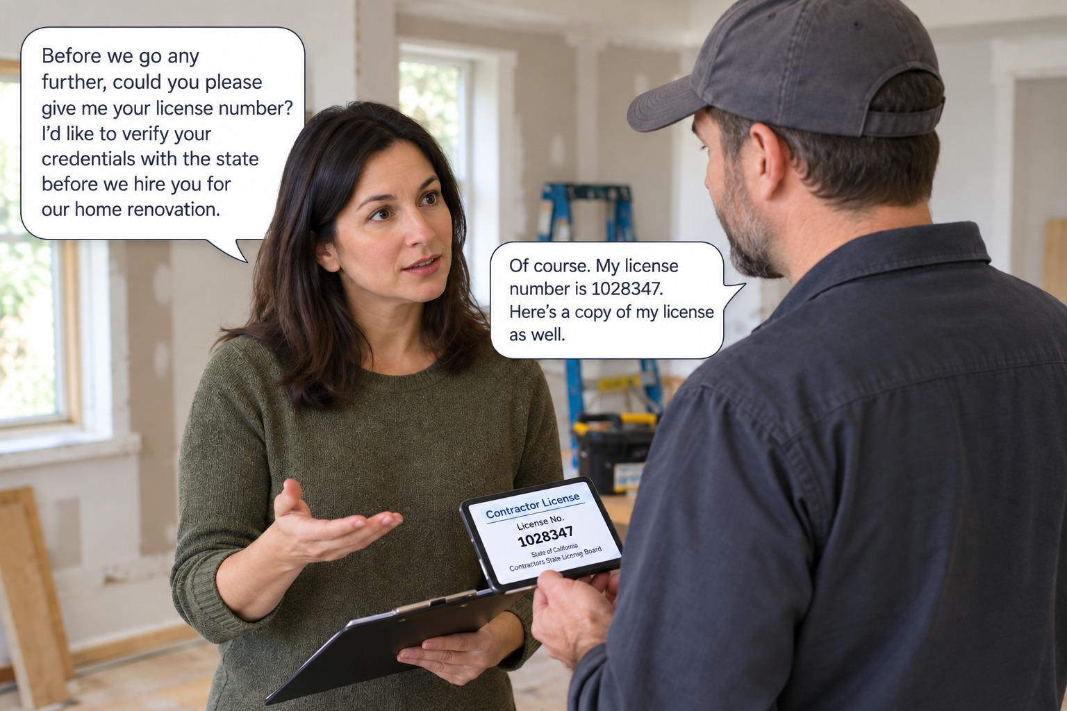 Homeowner requesting a licensed contractor's license number to verify credentials before hiring for home renovation.