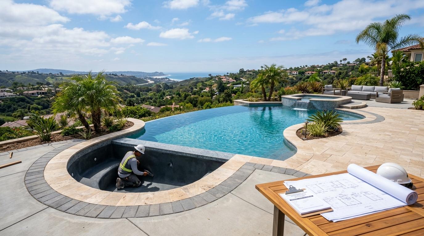 San Diego County pool permit documents, approved building plans, and safety inspection checklist for a backyard pool.